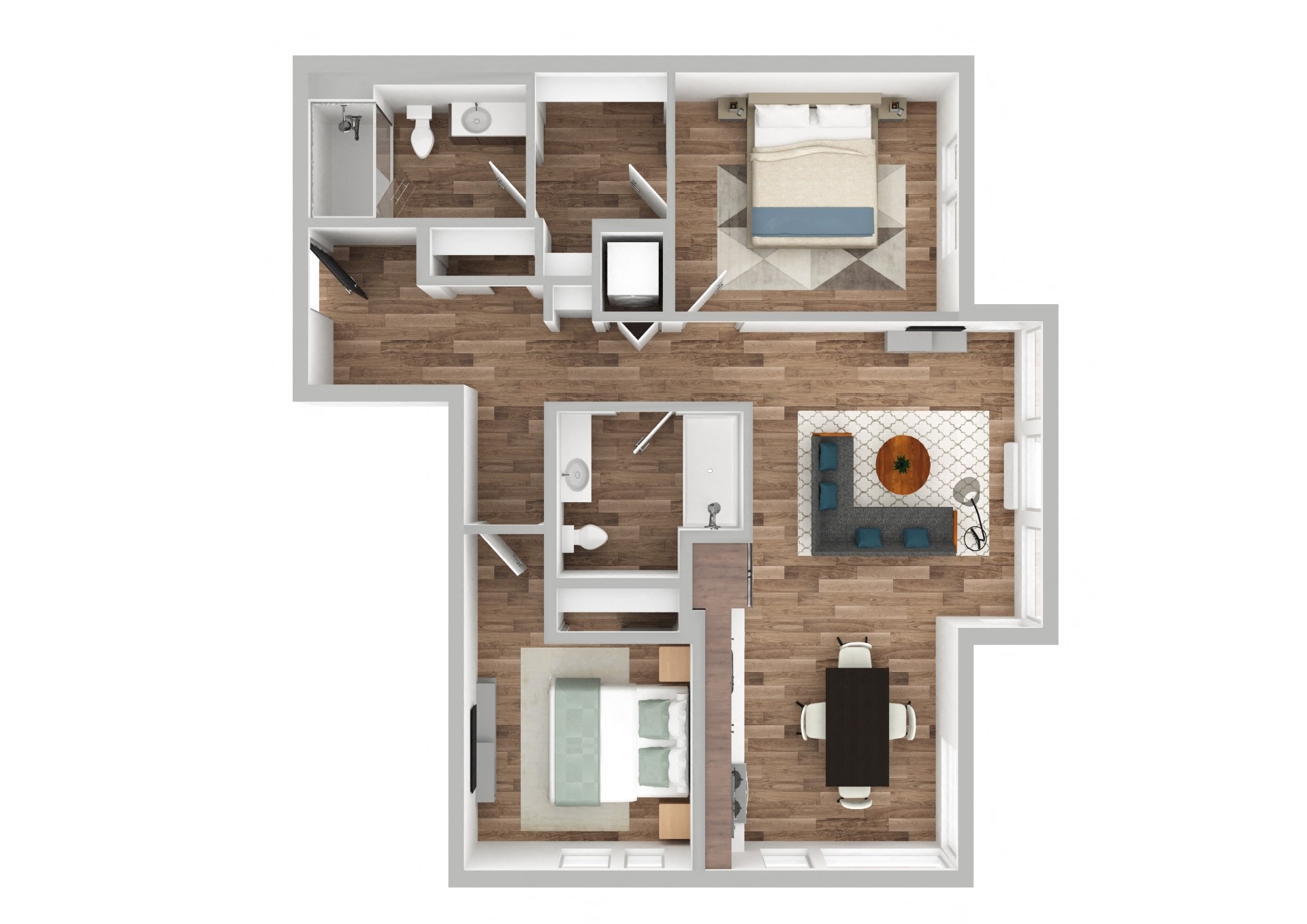 Floor plan for 2 beds, 2 baths, 967 sqft